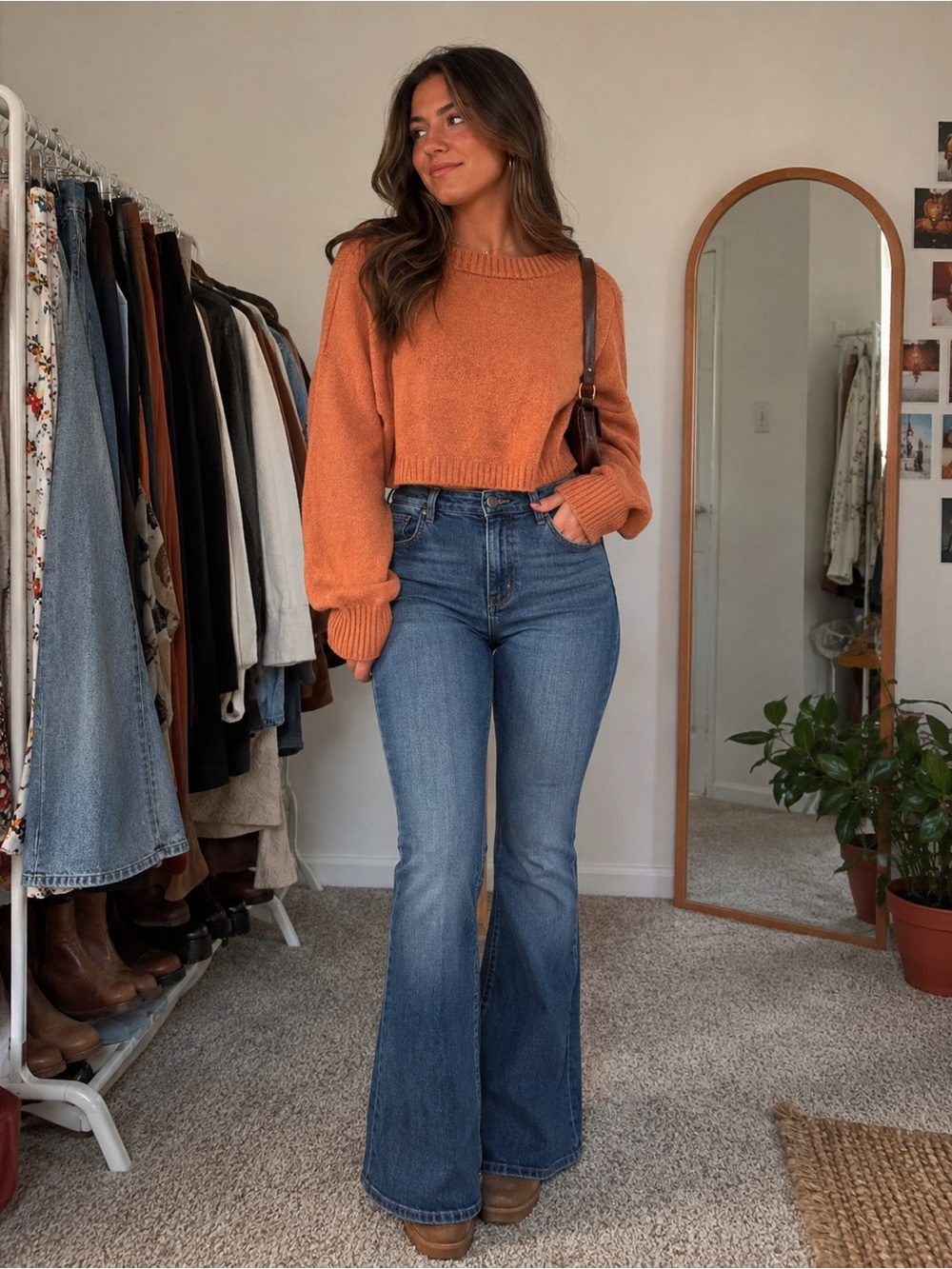 For Love And Lemons Cropped Flare Sweater - Rust Orange